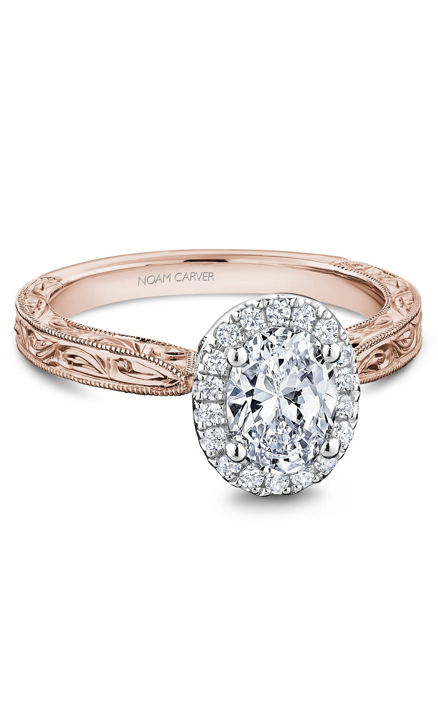 18K Rose Gold and 18K White Gold Halo Oval Engagement Ring