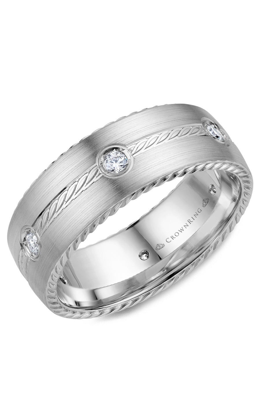 A 8.00mm Crownring Wedding Band in White Gold With 6 RD, TCW 0.24ct