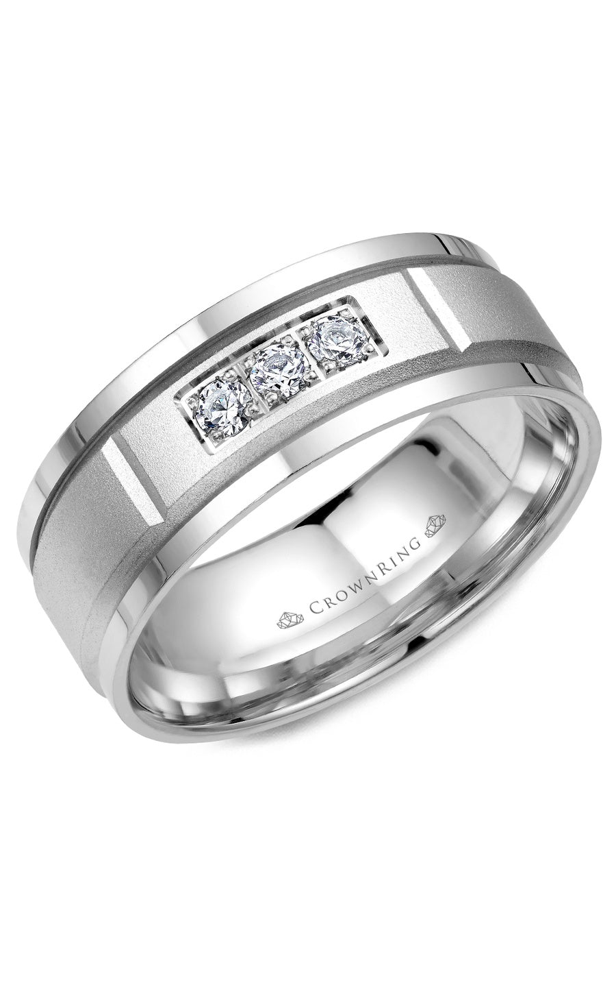 A 8.00mm Crownring Wedding Band in White Gold With 3 RD, TCW 0.15ct