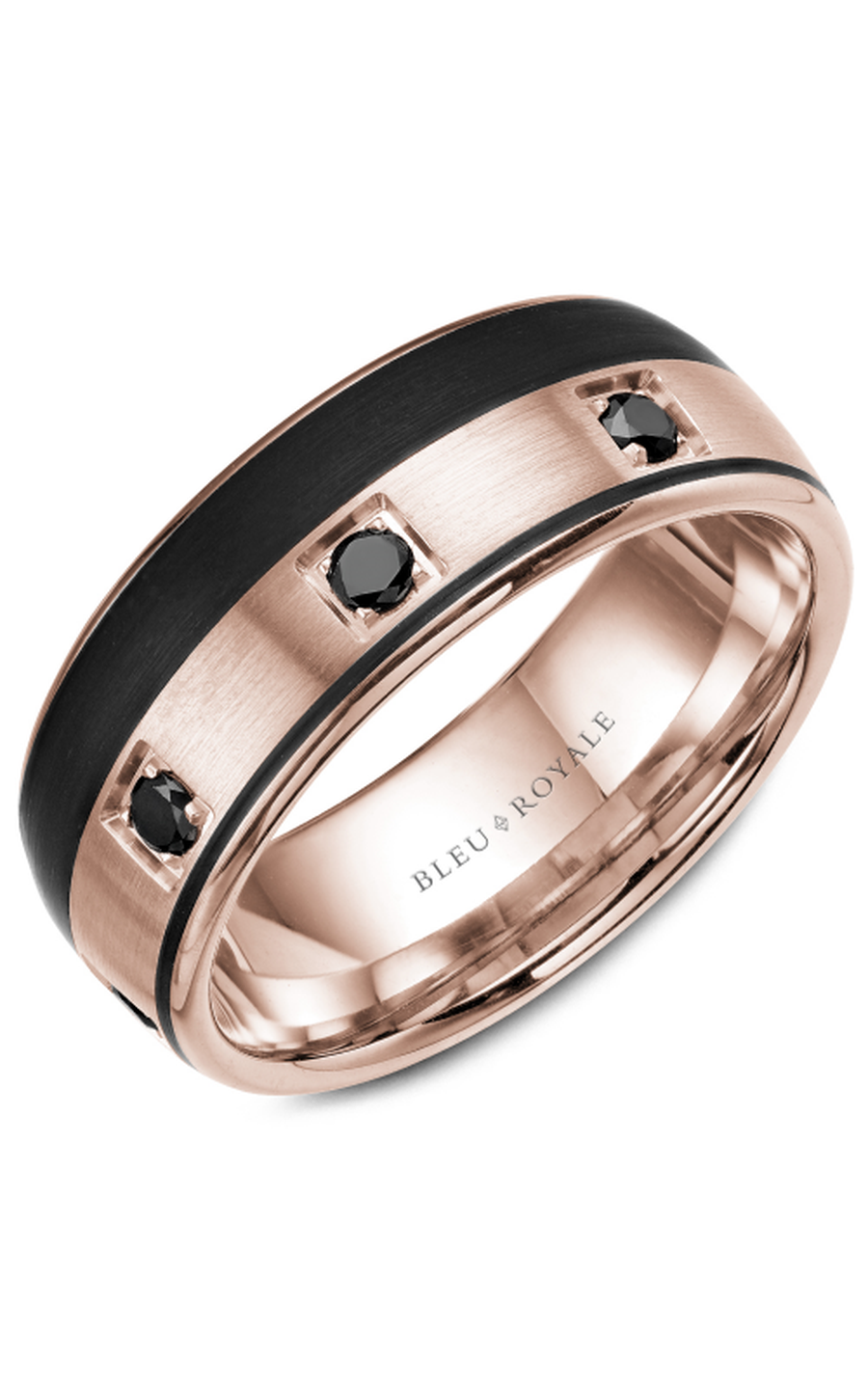 14K Rose Gold and Black Carbon Gents Round Wedding Band
