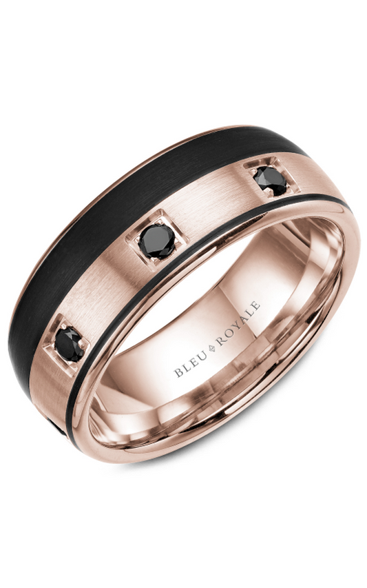 14K Rose Gold and Black Carbon Gents Round Wedding Band
