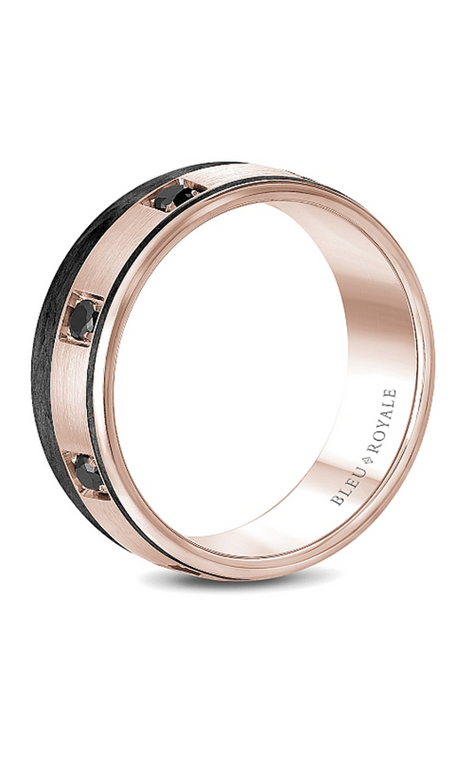 14K Rose Gold and Black Carbon Gents Round Wedding Band