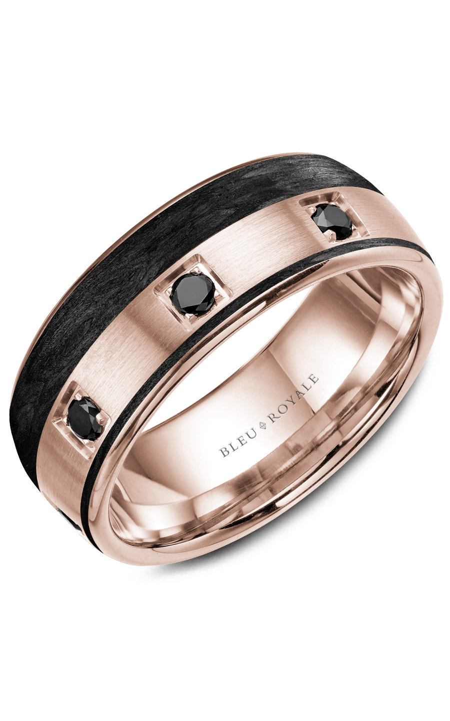 18K Rose Gold and Black Carbon Gents Round Wedding Band