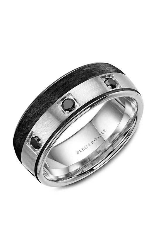 14K White Gold and Black Carbon Gents Round Wedding Band