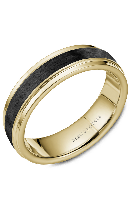14K Yellow Gold and Carbon Fiber Gents Wedding Band