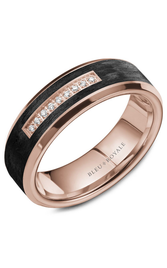 14K Rose Gold and Black Carbon Gents Round Wedding Band