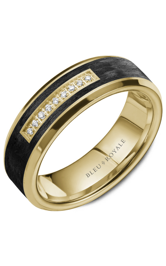 18K Yellow Gold and Black Carbon Gents Round Wedding Band