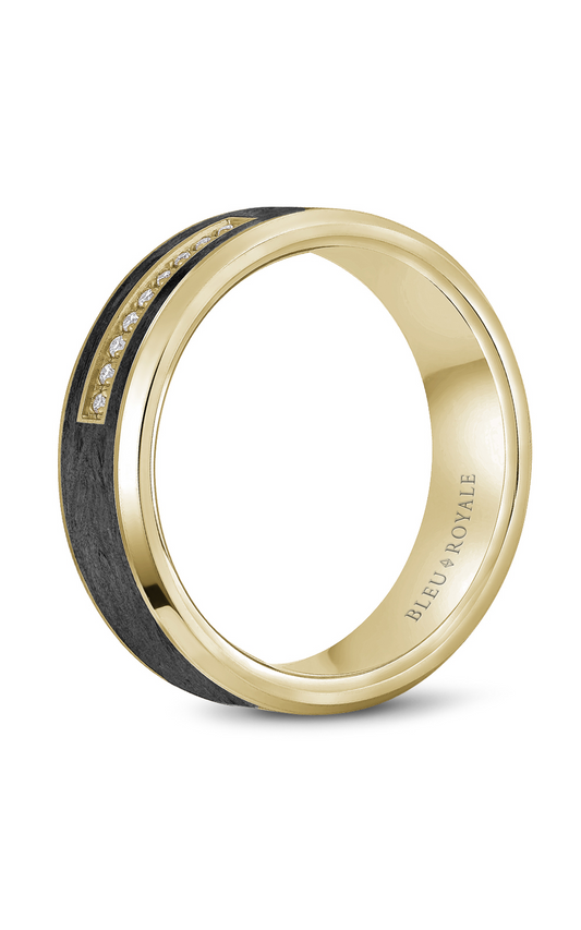 18K Yellow Gold and Black Carbon Gents Round Wedding Band