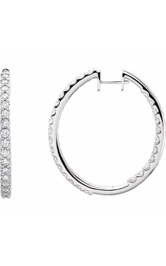 14K White 3 CTW Natural Diamond Inside-Outside 35.3 mm Hoop Earrings