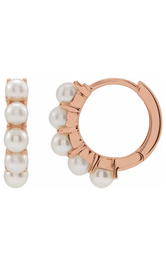 14K Rose Cultured White Freshwater Pearl 14 mm Huggie Hoop Earrings