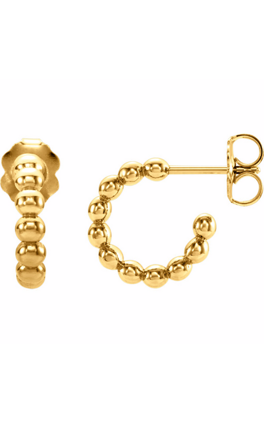 14K Yellow Beaded 12 mm Hoop Earrings