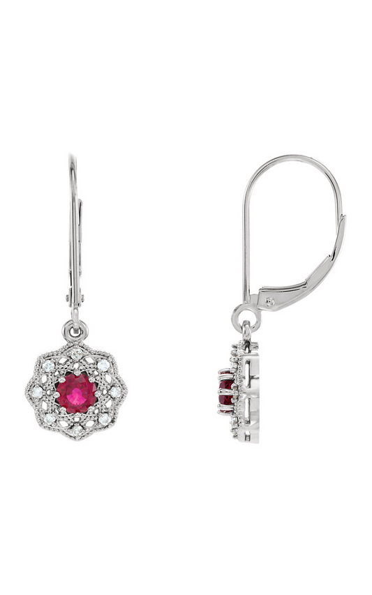 14K White Natural Ruby and 1/10 CTW Natural Diamond Halo-Style Earrings