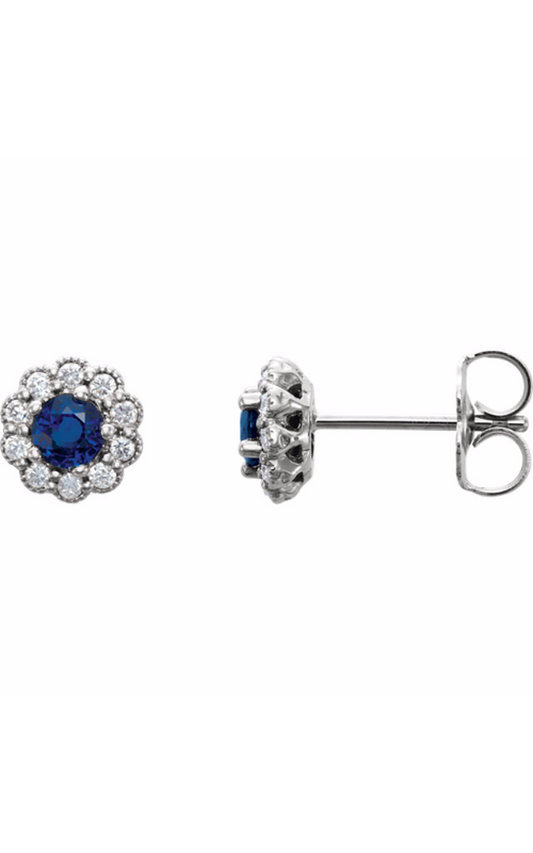 14K White 3.2 mm Natural Blue Sapphire and 1/8 CTW Natural Diamond Earrings