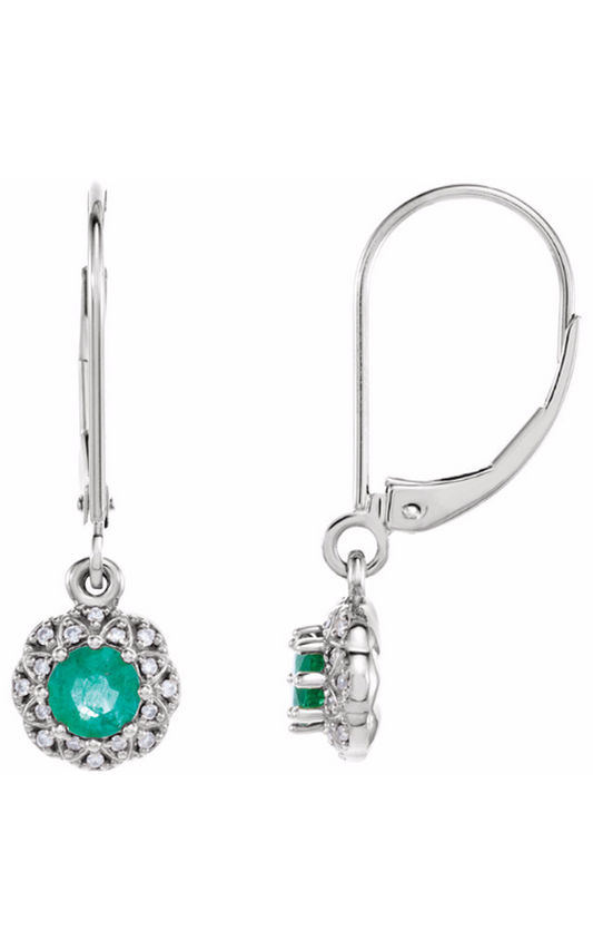 14K White Natural Emerald and .08 CTW Natural Diamond Earrings
