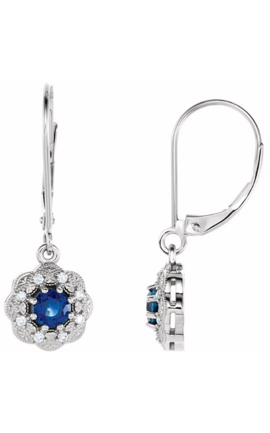 14K White Natural Blue Sapphire and 1/10 CTW Natural Diamond Halo-Style Earrings