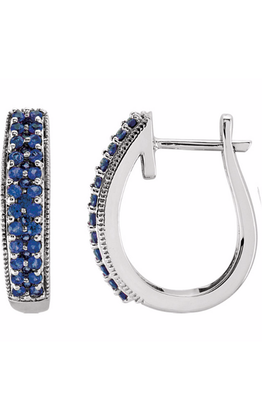 14K White Natural Blue Sapphire 18.5 mm Hoop Earrings