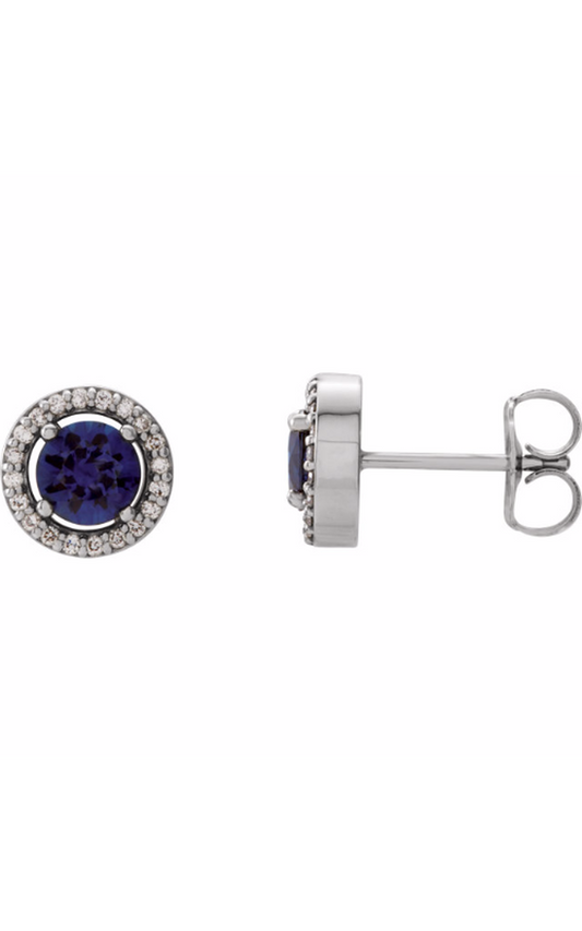 14K White Natural Blue Sapphire and 1/10 CTW Natural Diamond Earrings