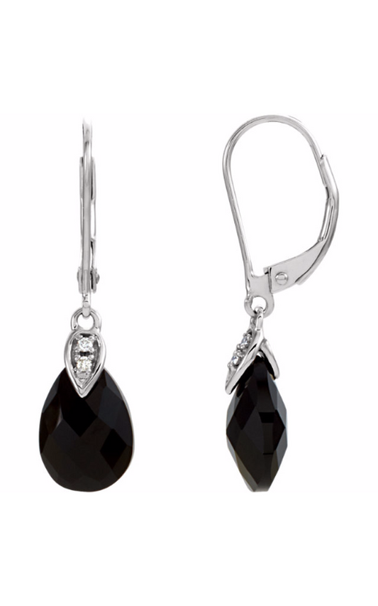 14K White Natural Briolette Onyx and .025 CTW Natural Diamond Earrings