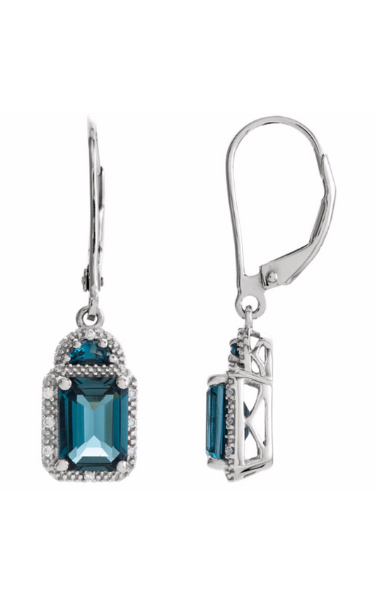 14K White Natural London Blue Topaz and 0.06 CTW Natural Diamond Earrings