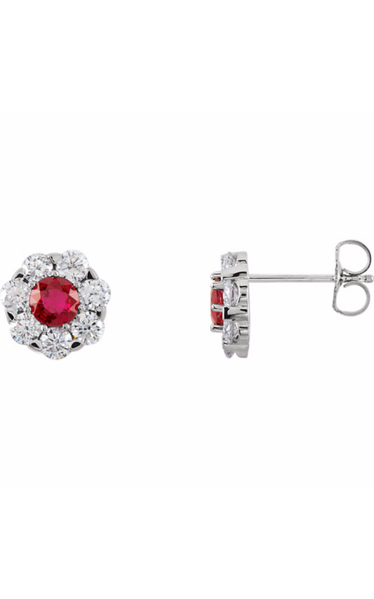 14K White Natural Ruby and 1 1/8 CTW Natural Diamond Cluster Earrings