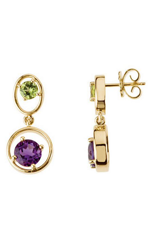 14K Yellow Natural Amethyst and Natural Peridot Geometric Earrings