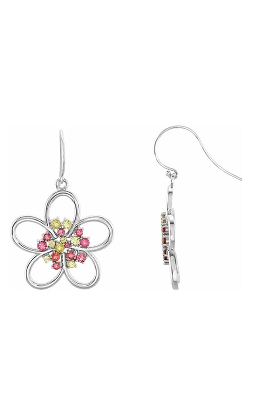 14K White Natual Peridot and Natual Pink Tourmaline Flower Earrings