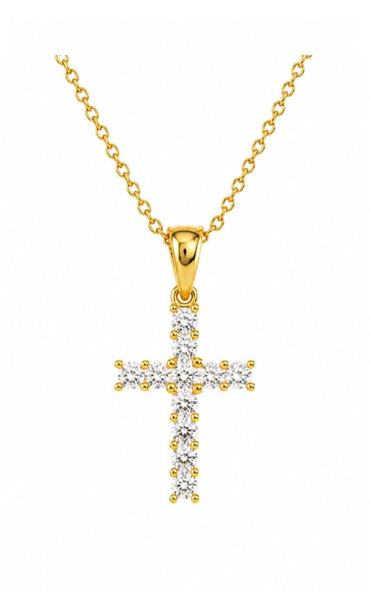 18K Yellow Gold Diamond Cross Pendant with 14K Yellow Gold Chain