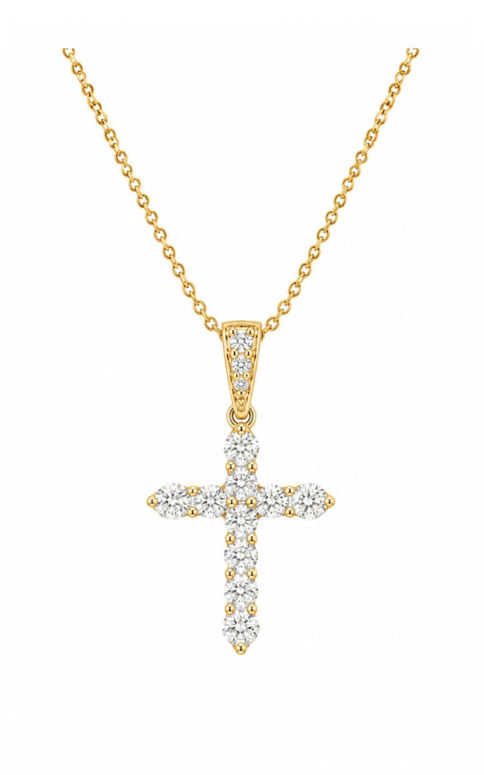 18K Yellow Gold Diamond Cross Pendant with 14K Yellow Gold Chain