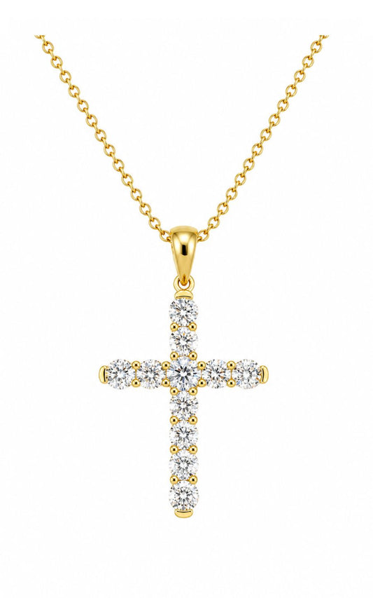 18K Yellow Gold Diamond Cross Pendant with 14K Yellow Gold Chain