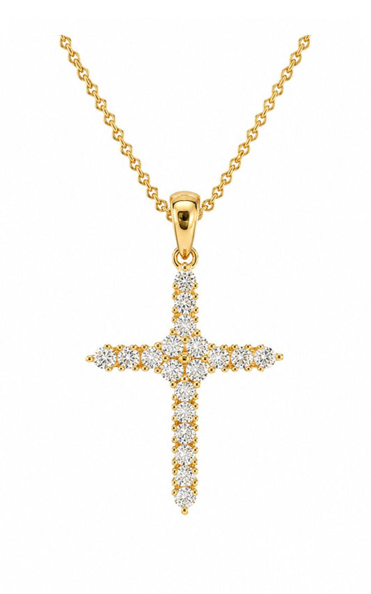 18K Yellow Gold Diamond Cross Pendant with 14K Yellow Gold Chain