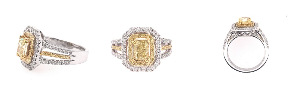 Three perspectives of a MILANJ fancy yellow diamond engagement ring with a double halo and side stone additions on the band.